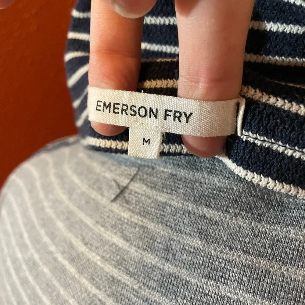 Emerson Fry Women’s Funnel Neck Blue & White Striped Cotton Terry Tuckernuck Top